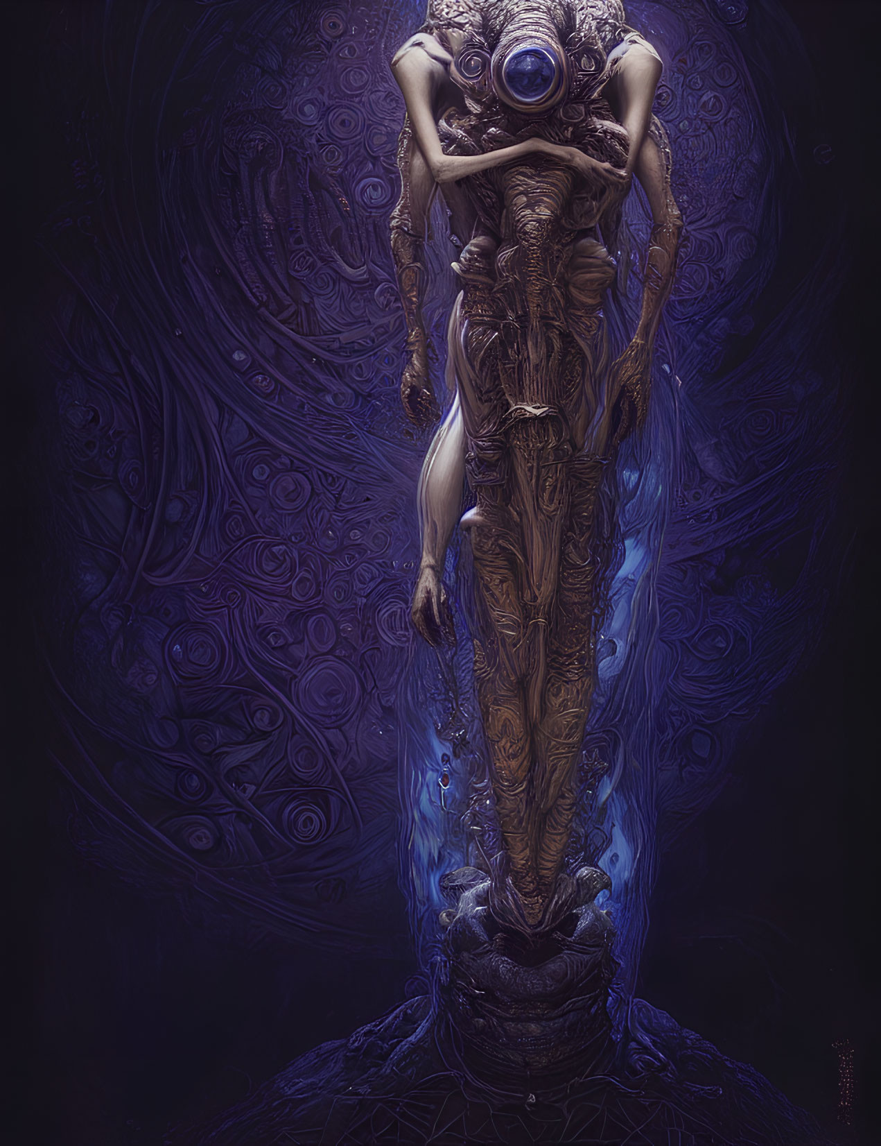 Surreal humanoid figure in swirling dark blue ambiance
