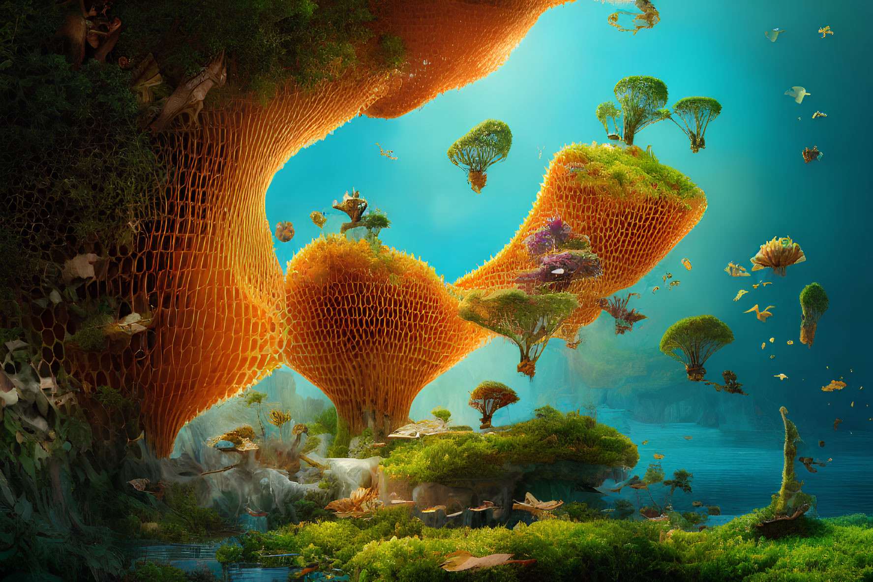 Underwater fantasy scene with honeycomb structures and floating islands