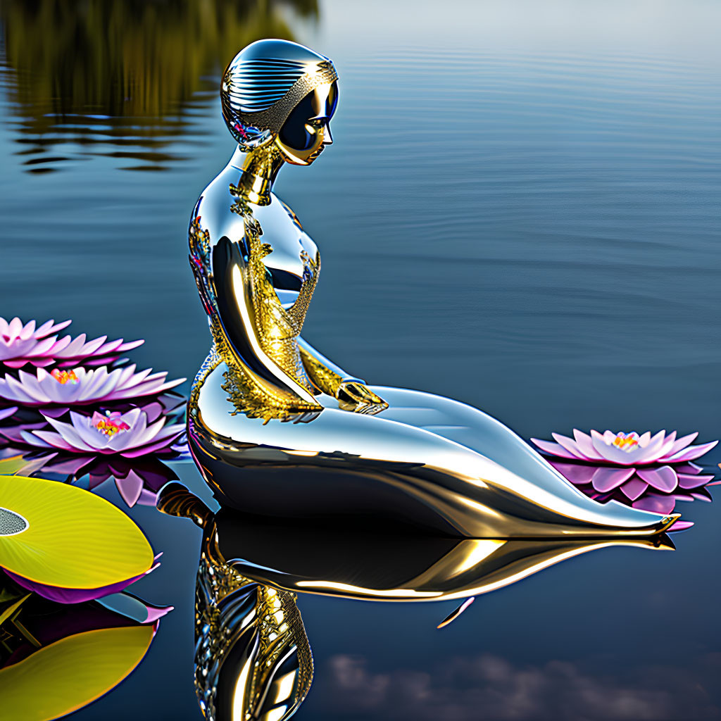 Metallic female figure with golden details near water and lotus flowers in 3D illustration