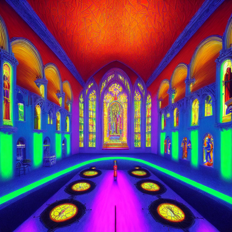 Gothic cathedral interior with vibrant colors and neon lighting