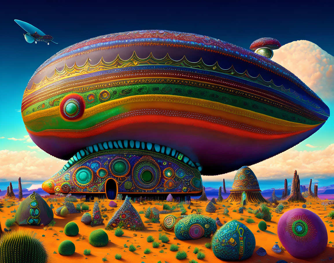 Colorful surreal landscape with UFO-like structures, cacti, and plane in blue sky