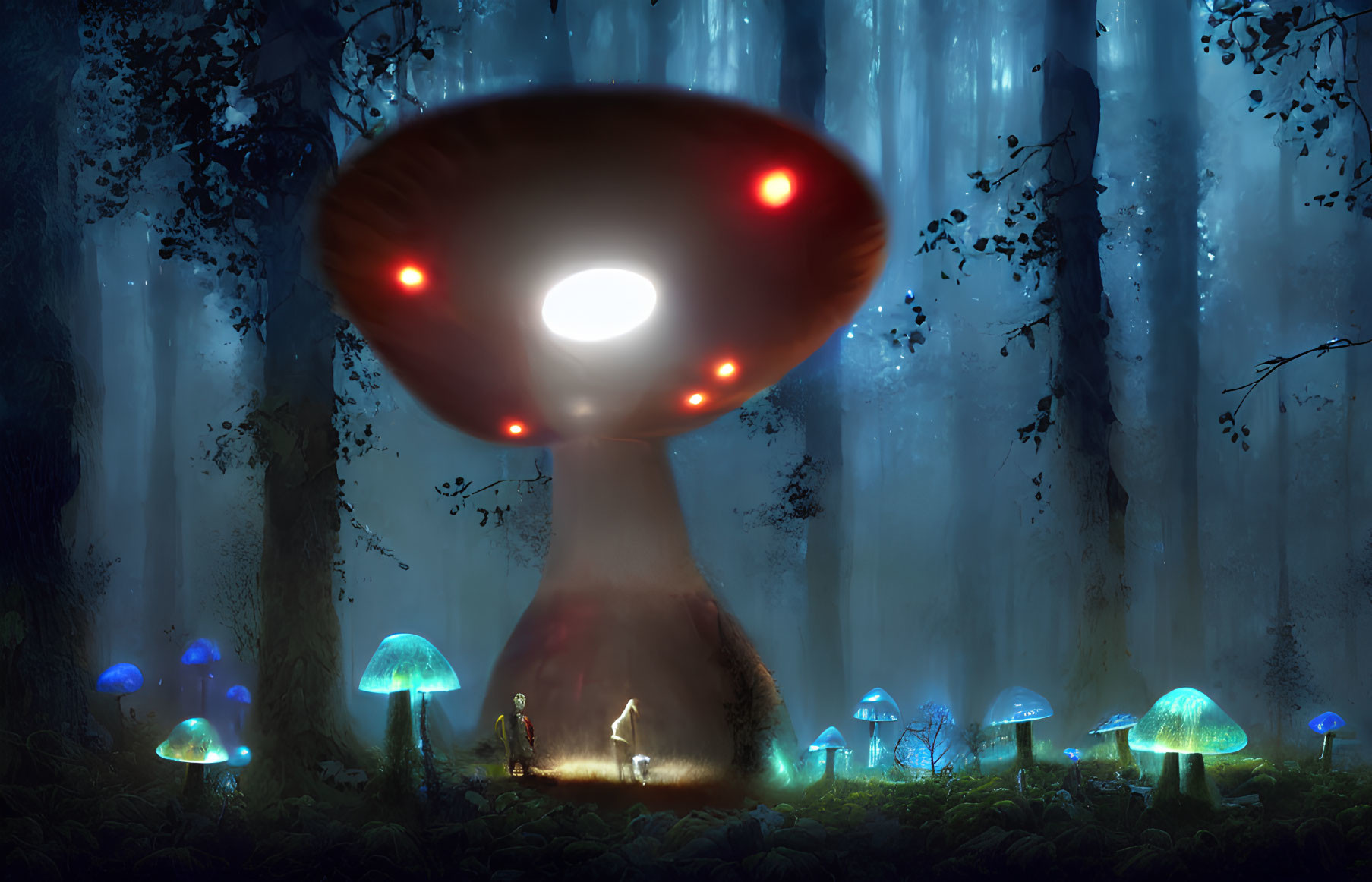 Person surrounded by glowing mushrooms gazes at red-lit UFO in misty forest