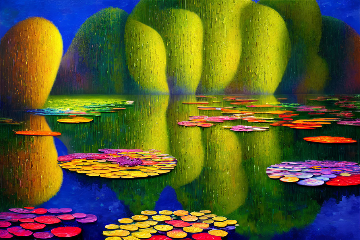 Colorful painting of dreamlike garden with golden trees, blue pond, lily pads, and surreal