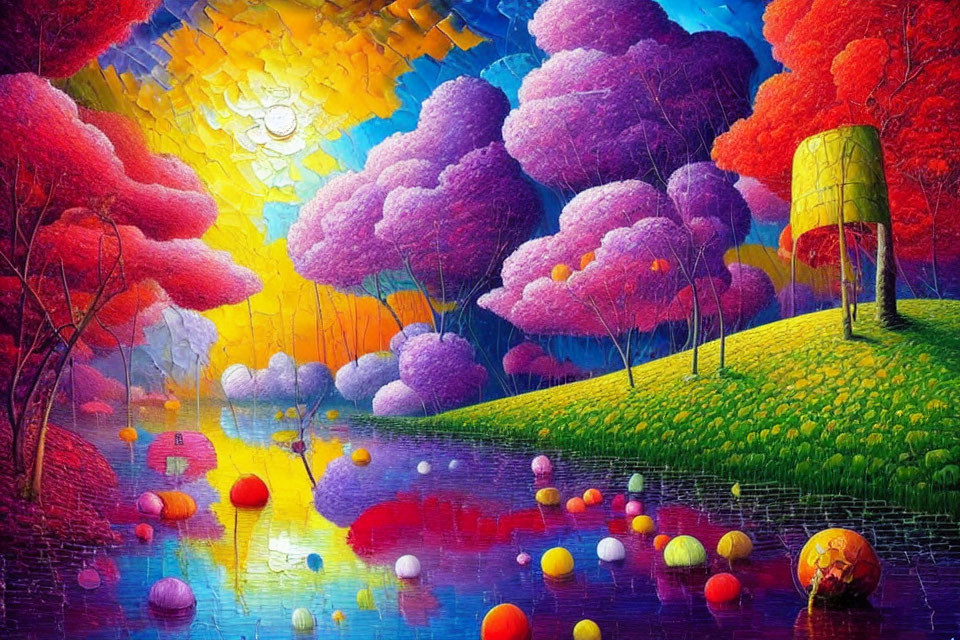 Colorful landscape painting with surreal purple-pink trees, reflective lake, and whimsical sun