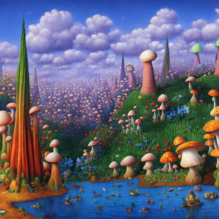 Colorful Mushroom-Filled Fantasy Landscape under Fluffy Clouds