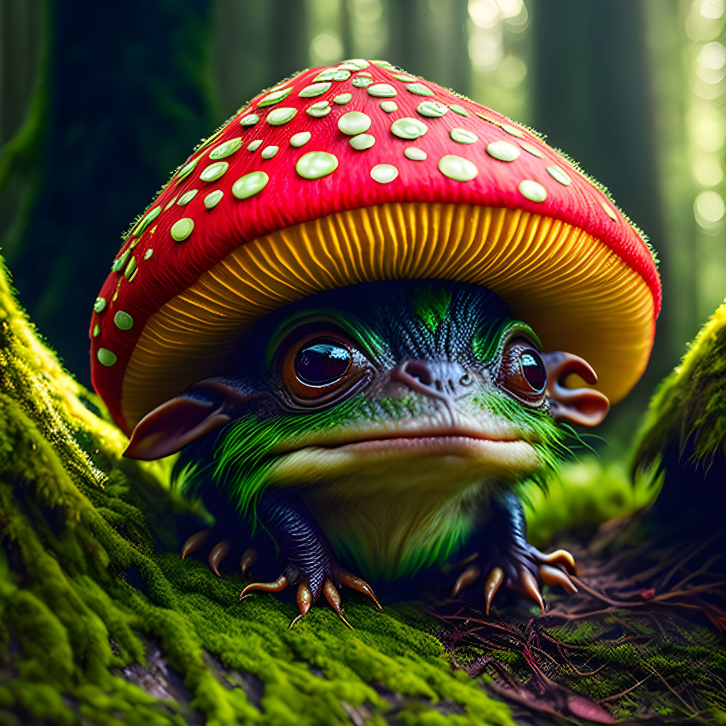 Whimsical frog-like creature with mushroom cap in lush forest landscape