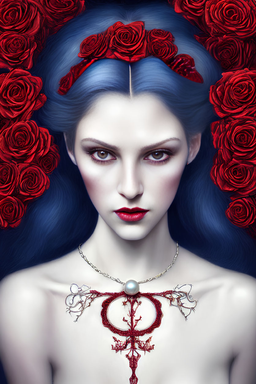 Fantasy illustration of woman with blue hair and pale skin surrounded by red roses.