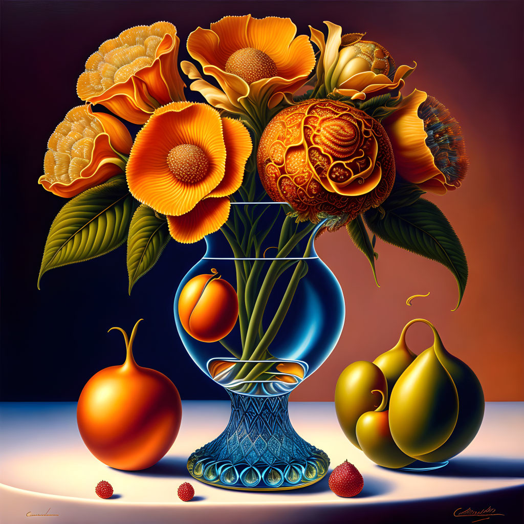 Colorful still life painting with blue vase, orange blossoms, peach, orange, and pears