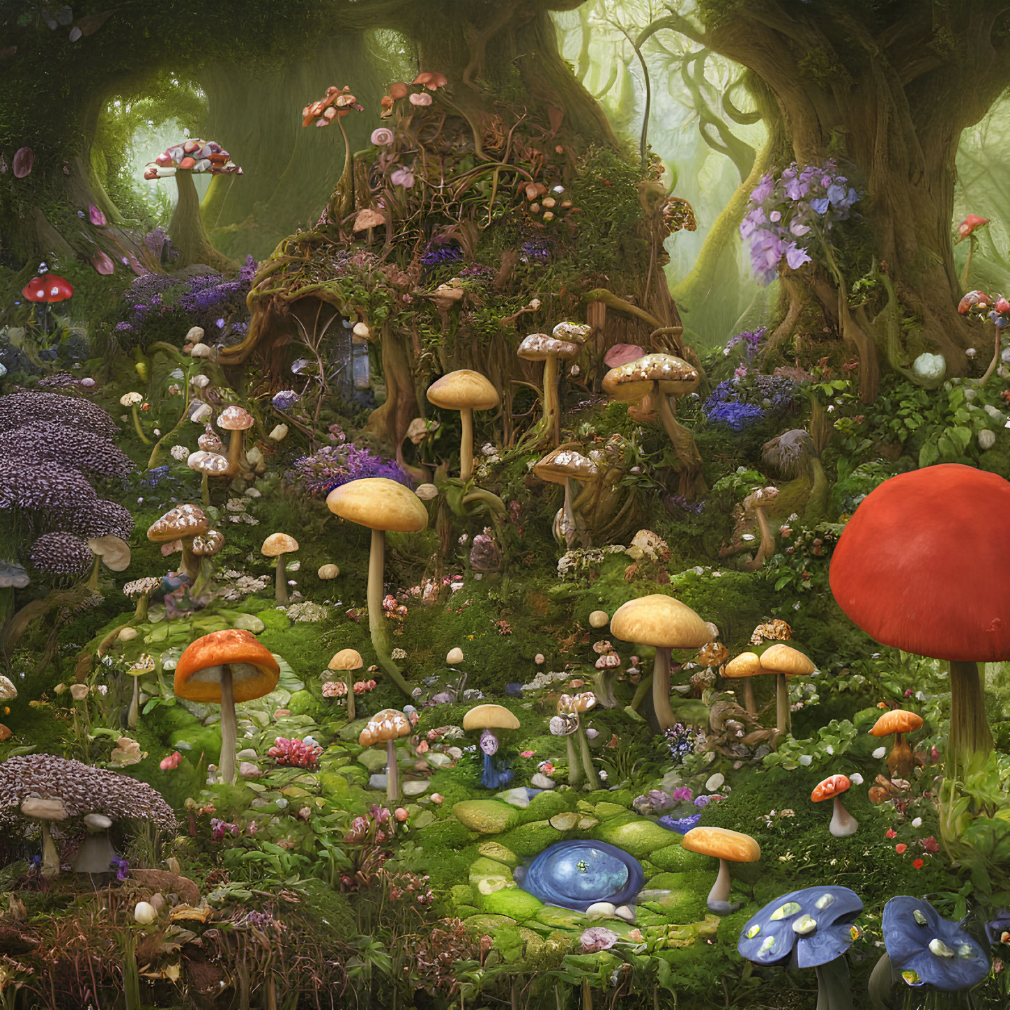 Colorful Mushroom Forest with Whimsical Tree Houses