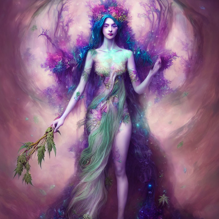 Blue-haired female figure in mystical fantasy forest setting with purple hues and ethereal foliage.