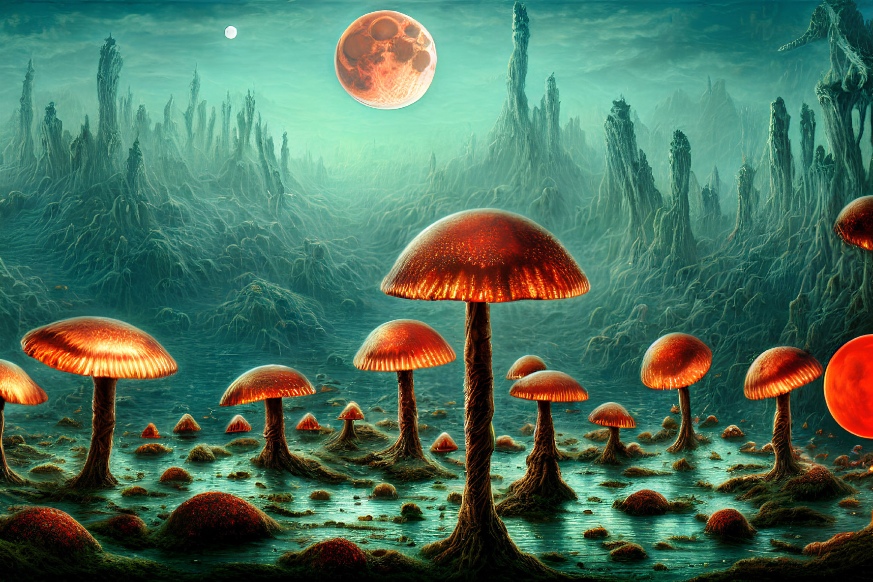 Surreal landscape featuring glowing mushrooms, towering structures, and two moons in an alien greenish-blue