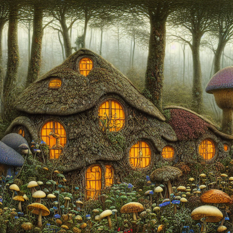 Thatched Roof Cottage in Mystical Forest with Colorful Mushrooms