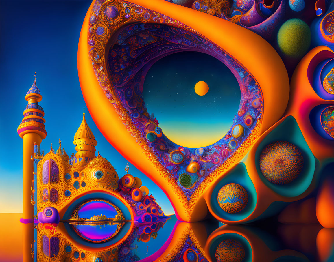 Psychedelic landscape with fractal patterns, serene lake, and ornate tower under twilight sky