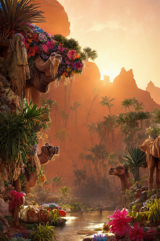 Serene desert oasis with camels, lush flora, and cliffs
