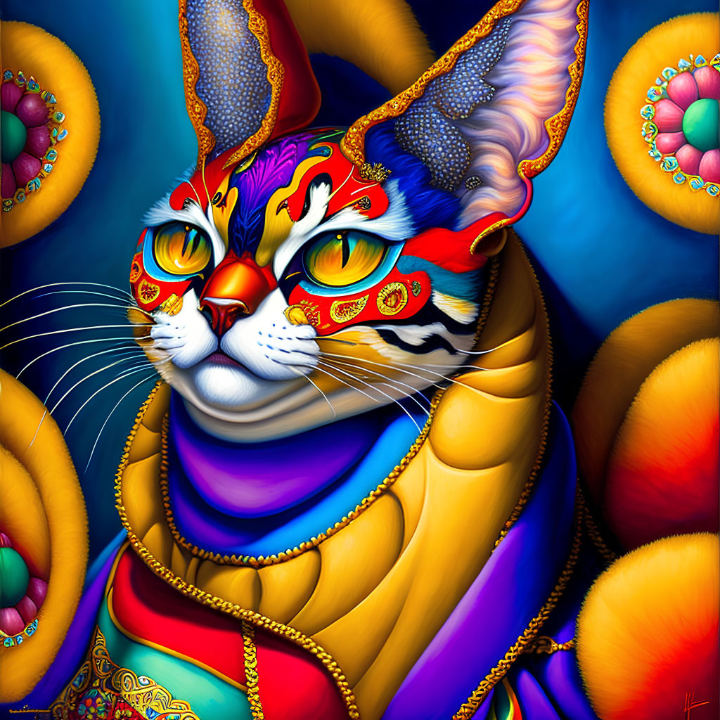 Colorful Stylized Cat Painting with Face Paint and Regal Attire