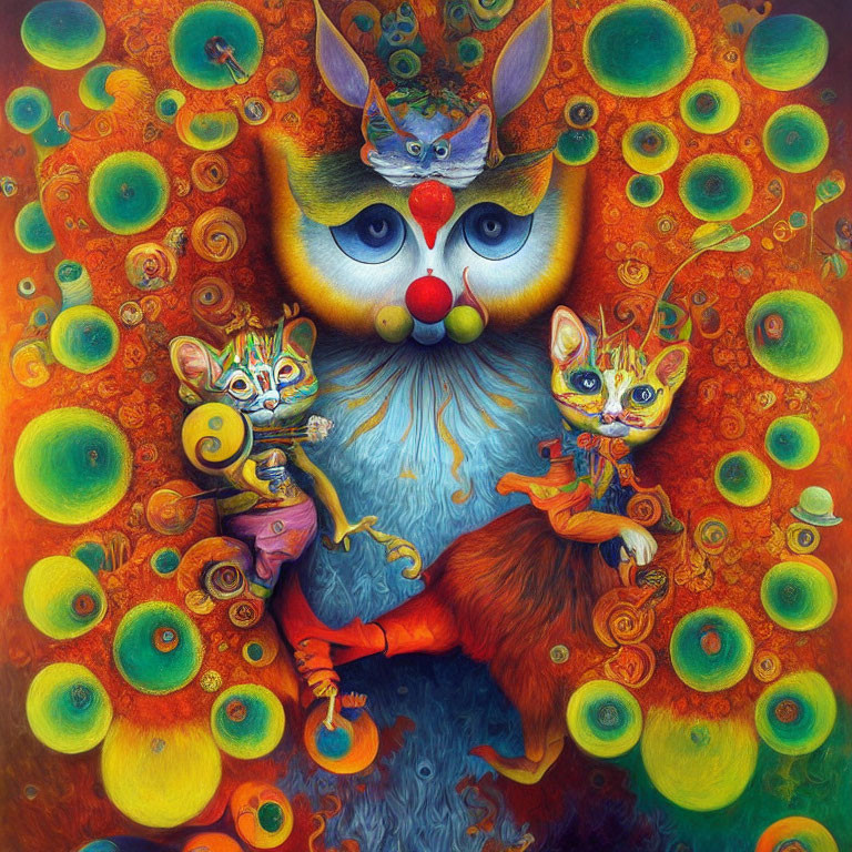 Colorful anthropomorphic fox with blue eyes and stylized cats in vibrant painting