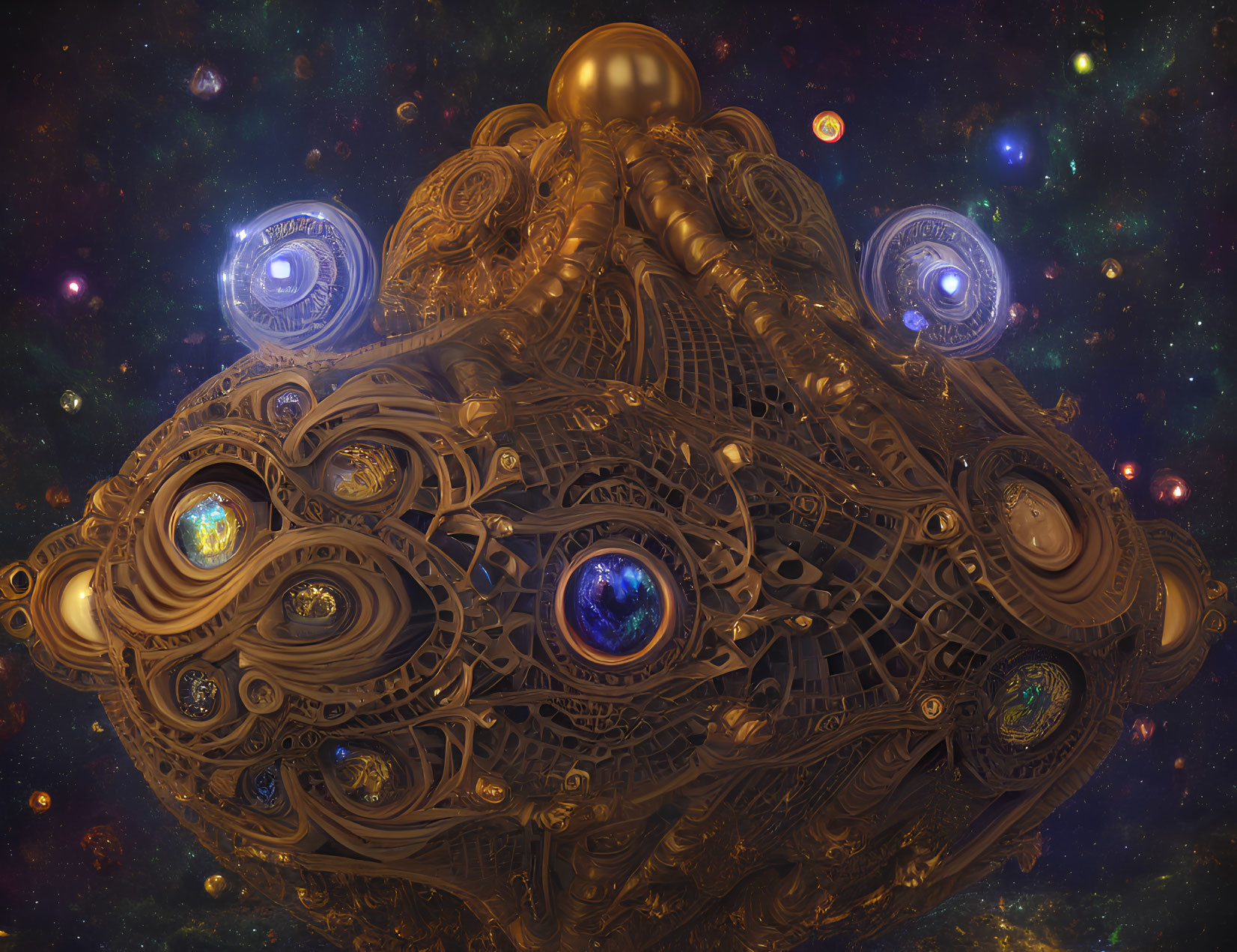 Intricate cosmic entity with mechanical features in starry galaxy