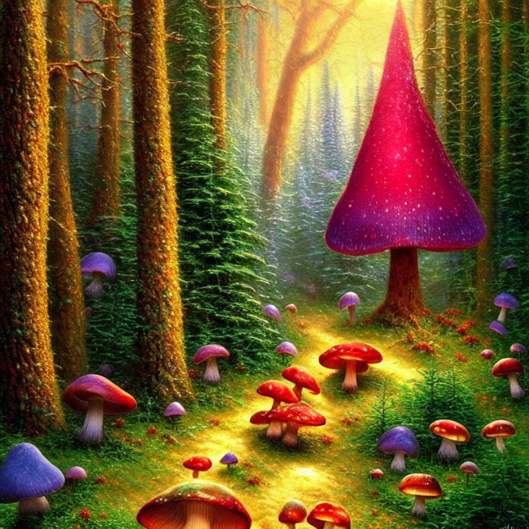 Mystical forest scene with oversized purple mushroom and colorful fungi