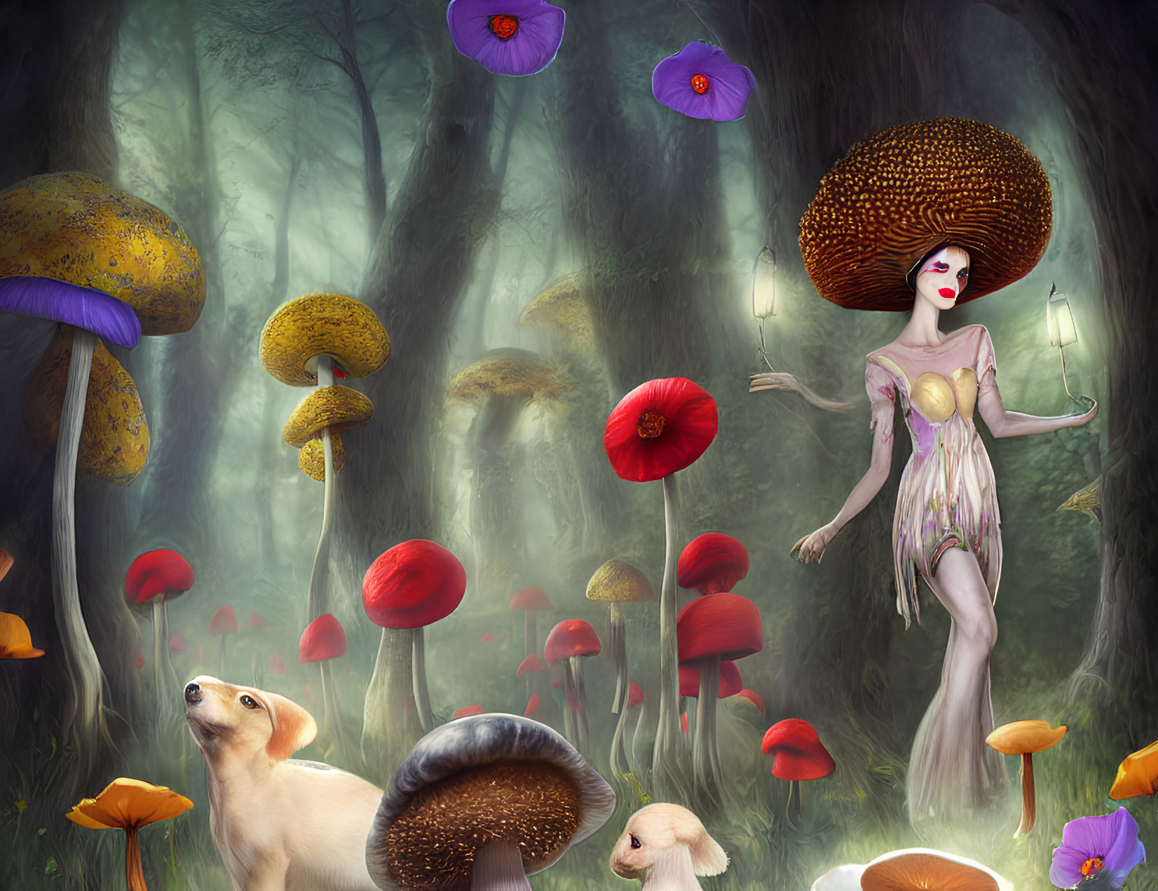 Colorful oversized mushrooms in whimsical forest scene with unique characters.