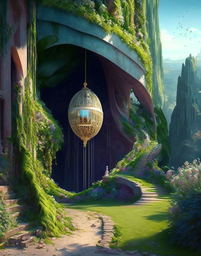 Golden cage-like structure hanging from natural archway in lush, fantasy landscape