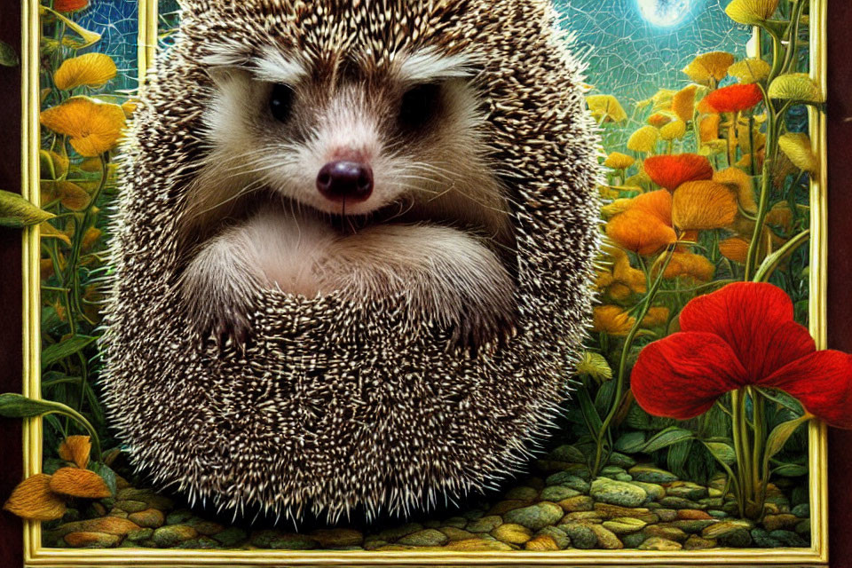 Colorful flowers and pebbles surround a hedgehog in ornate golden frame