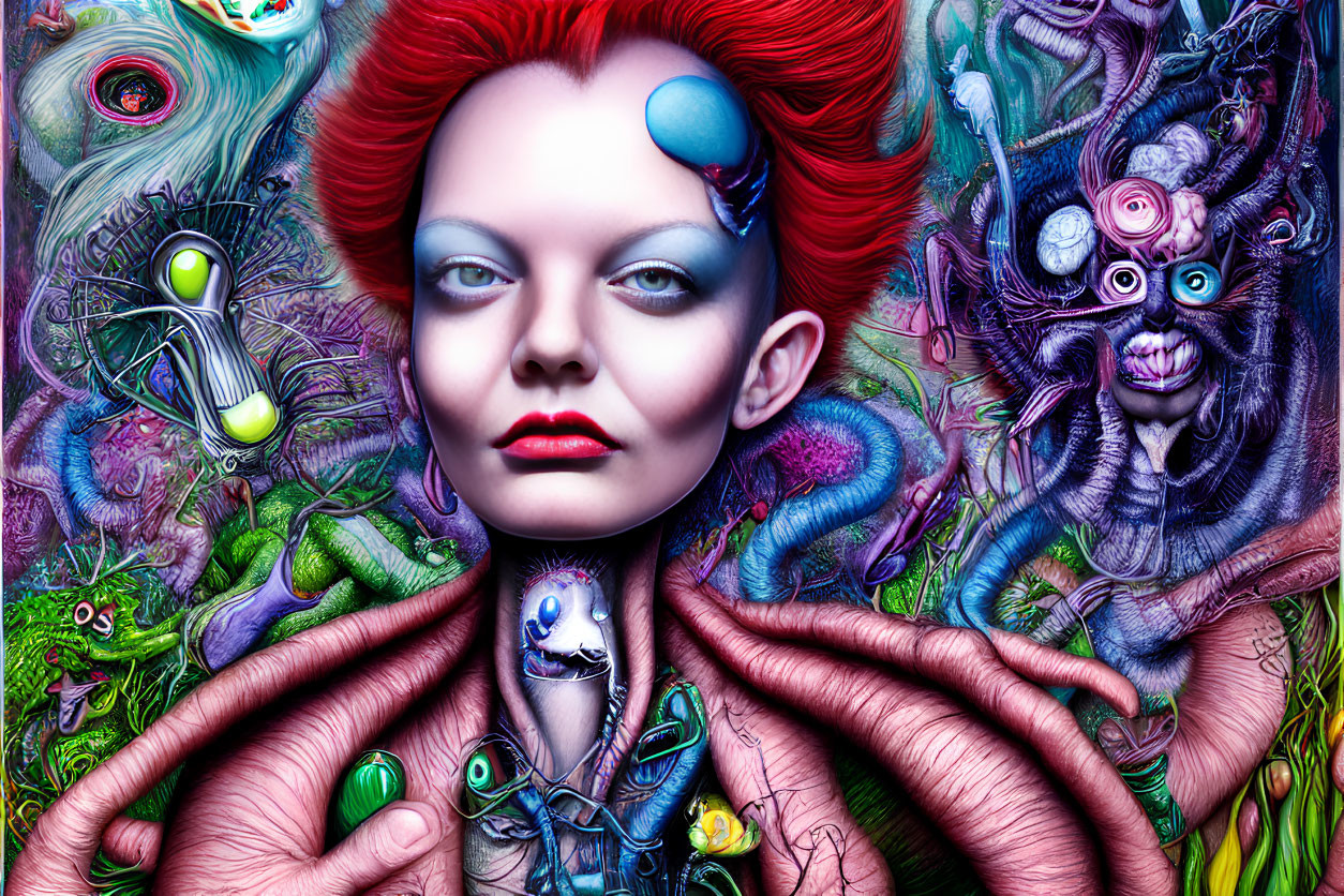Colorful surreal portrait of woman with vivid creatures & intricate details