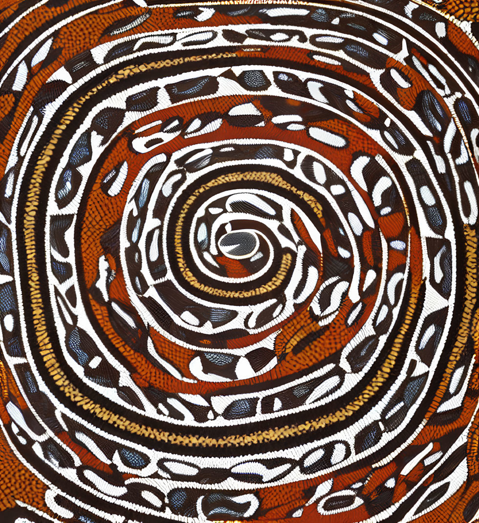 Earth-toned concentric circle abstract pattern in black and white swirls