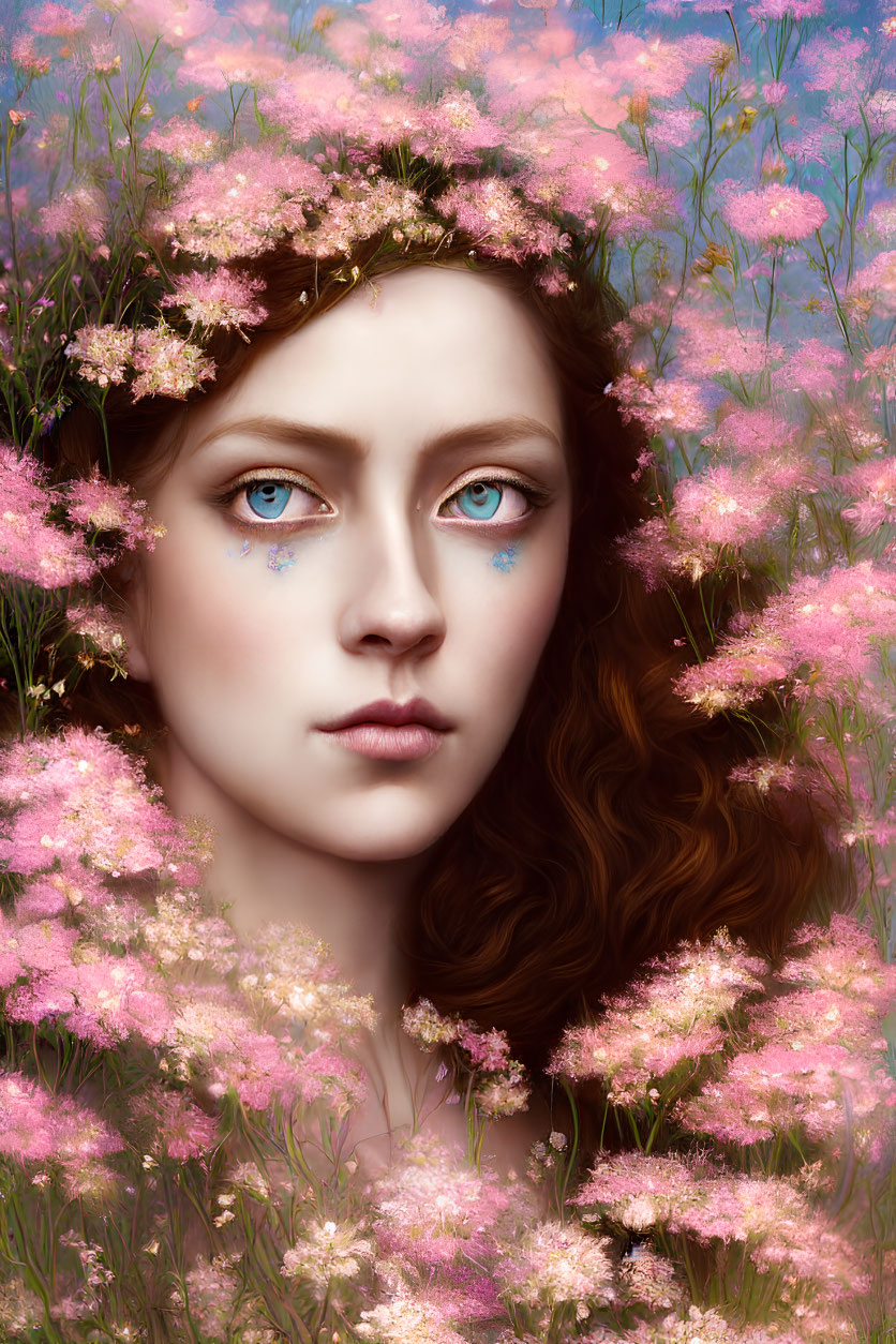 Portrait of Woman with Blue Eyes and Floral Crown Among Pink Blossoms
