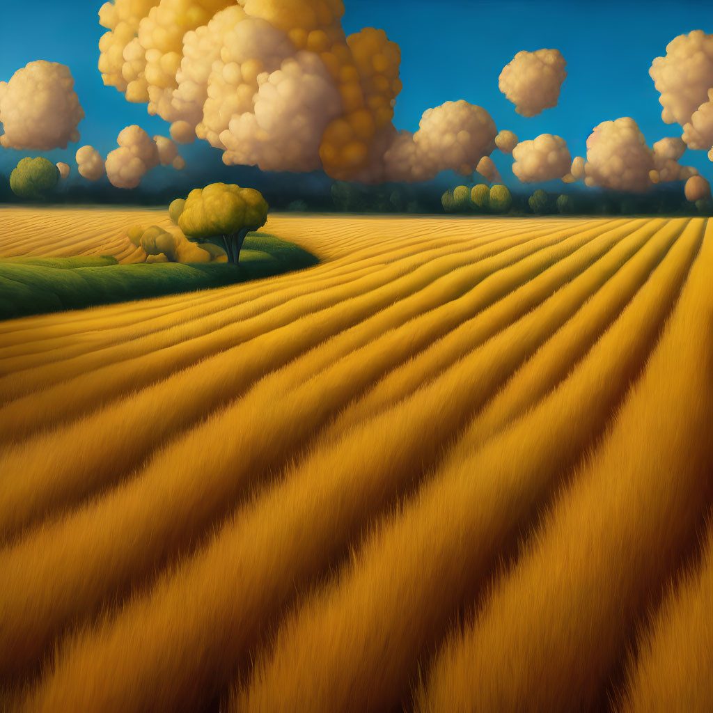 Golden wheat field painting with fluffy clouds and distant trees