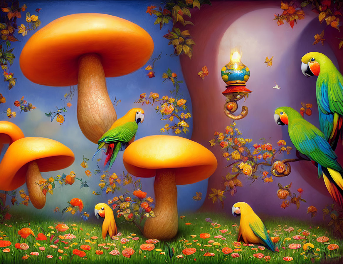 Colorful Parrots and Mushrooms in Fantasy Landscape