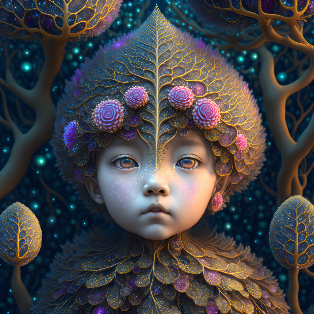 Surreal portrait of child with leaf-patterned skin and floral headdress against golden tree silhou