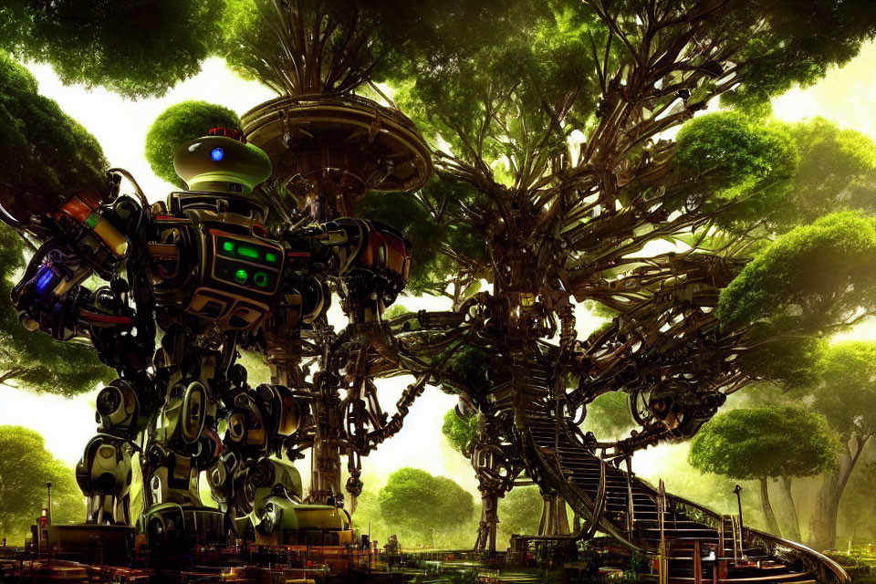 Fantastical robotic tree structure in lush green forest