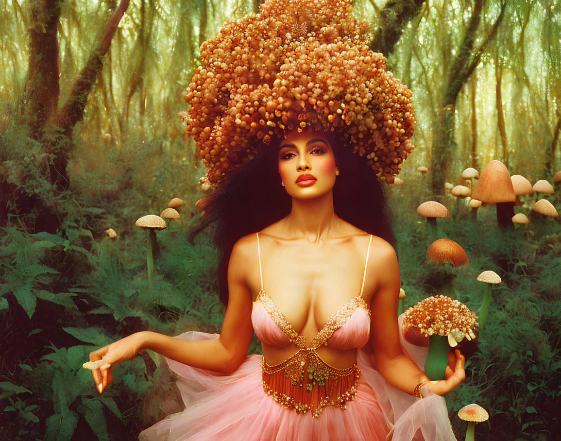 Enchanted forest scene with woman in mushroom headdress