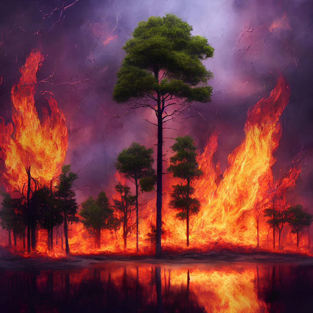 Solitary tree in forest fire reflected in water amid stormy sky
