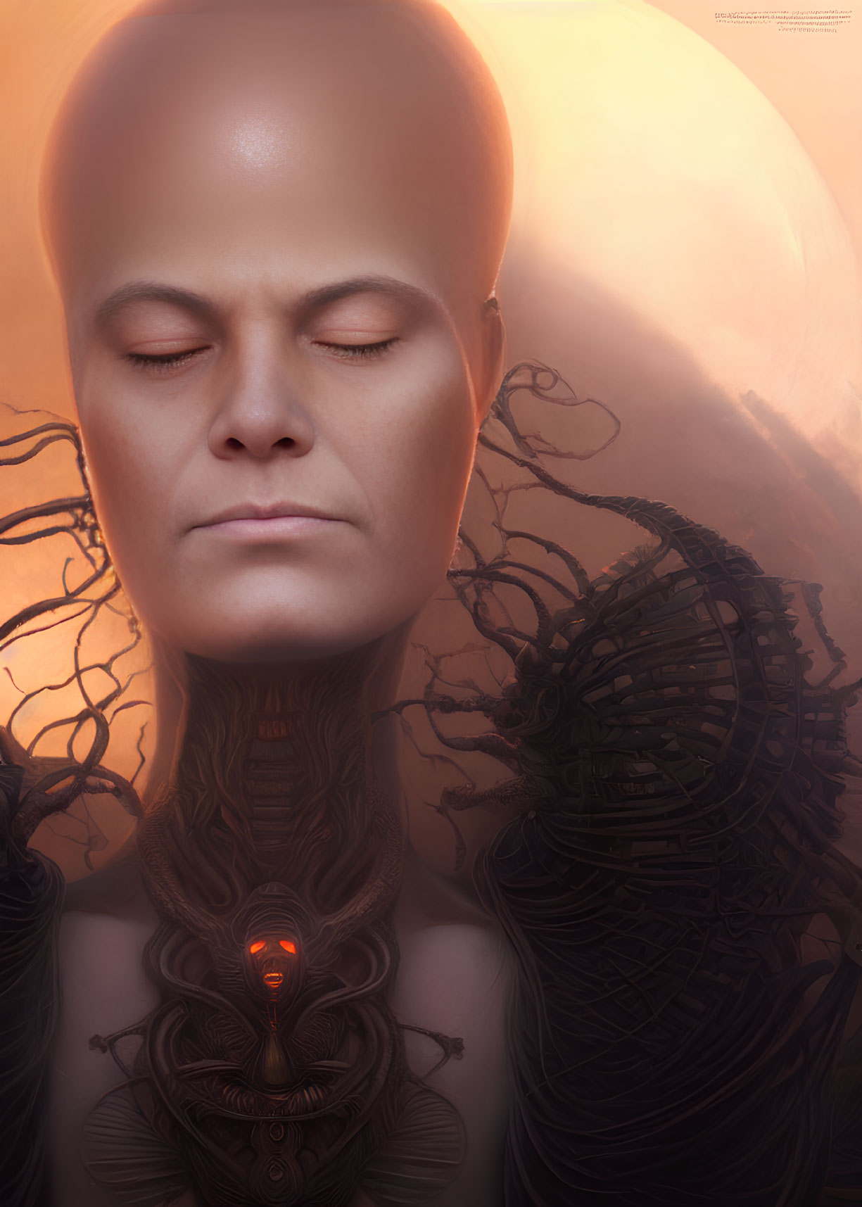 Bald figure with dark neckpiece and glowing red element against warm backdrop.