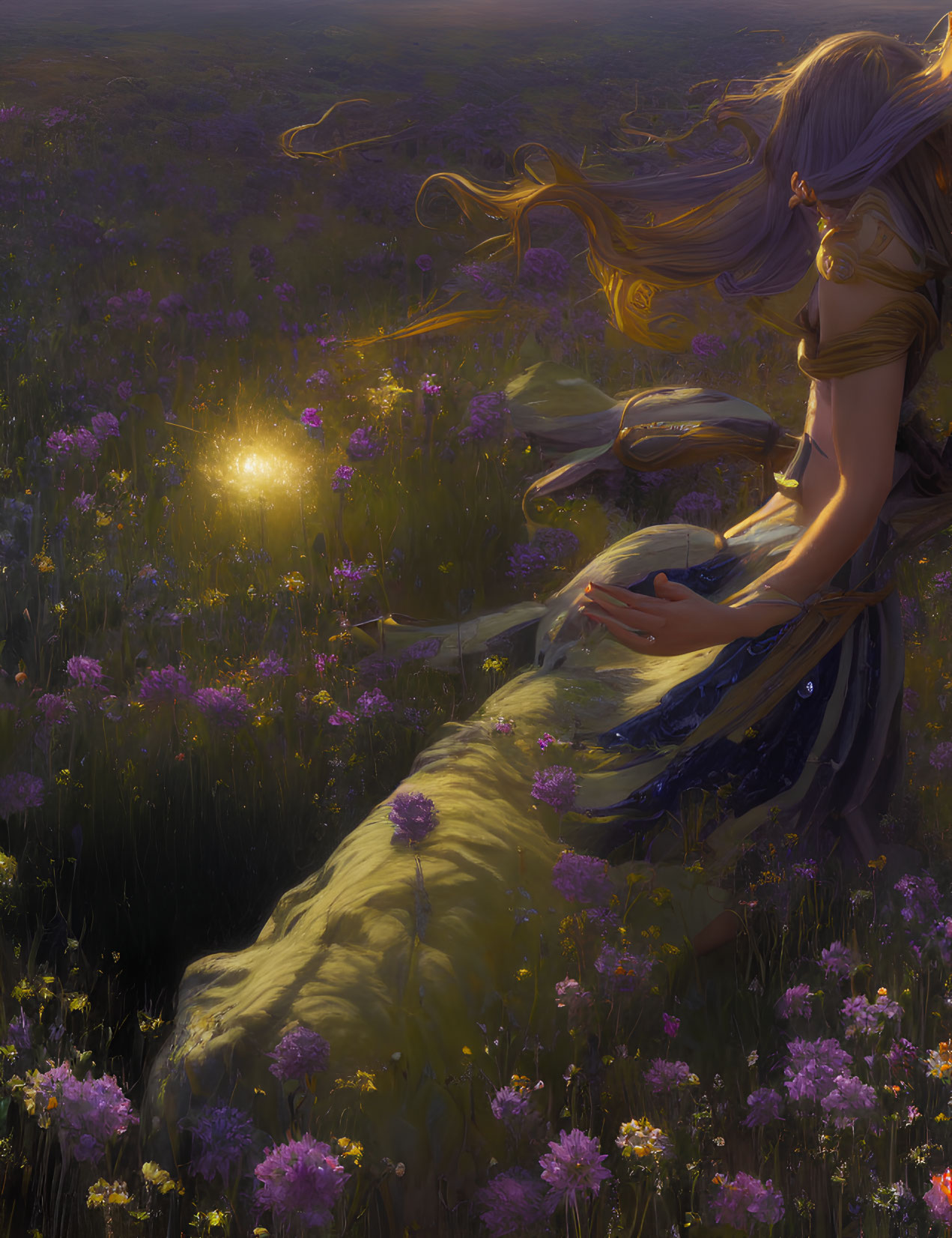 Woman with flowing hair sitting in vibrant flower field at sunset.