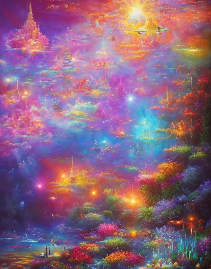 Colorful fantasy landscape with luminous flowers, majestic temple, and starry sky