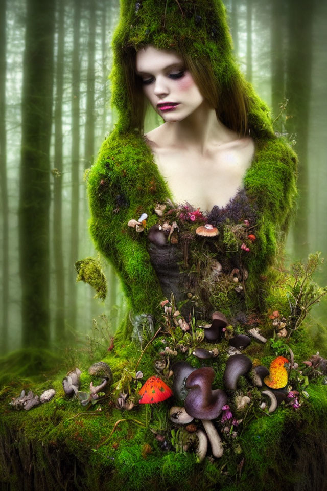 Elaborate forest-inspired costume with moss and mushrooms blending into mystical woodland background
