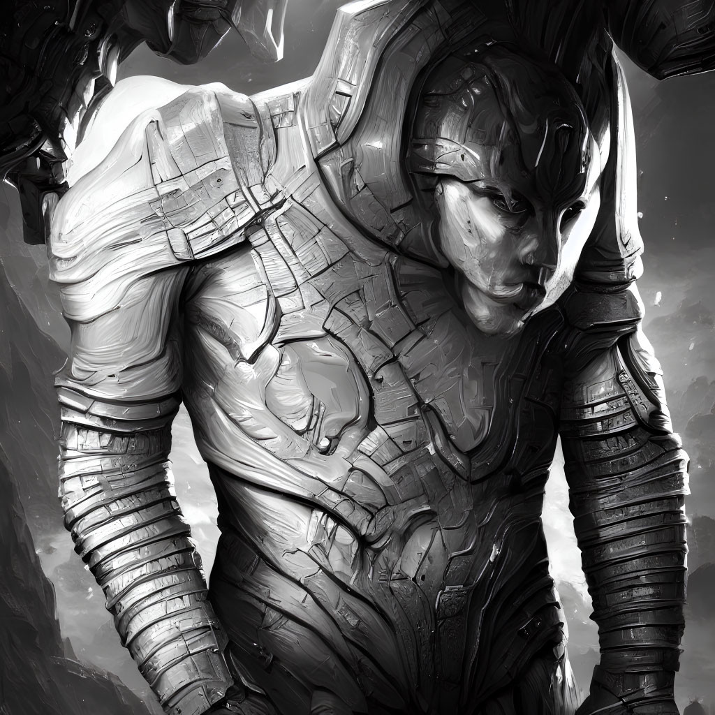 Detailed monochromatic futuristic armored warrior artwork with muscular build.
