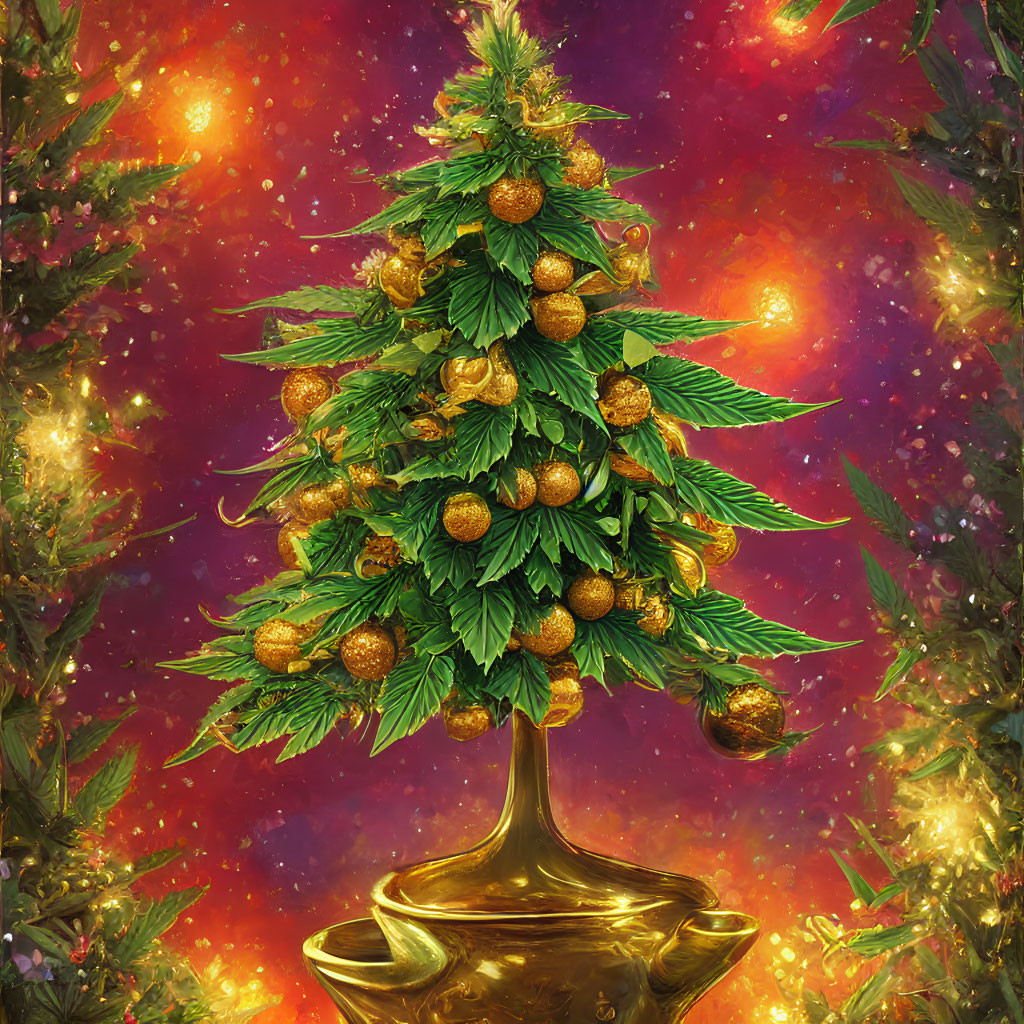 Colorful Christmas tree with golden balls on starry background