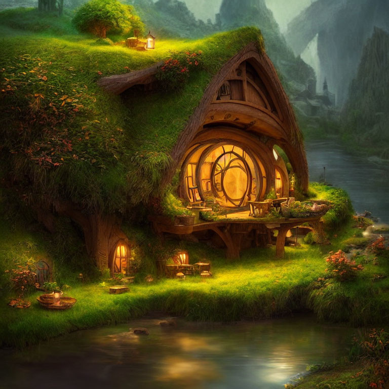 Fairytale cottage with round door in lush green hillside