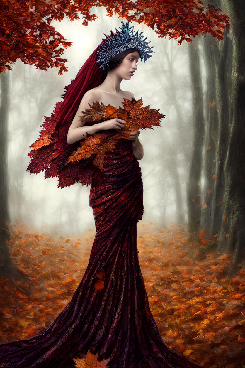 Woman in Burgundy Gown with Leaf Accents in Autumn Forest