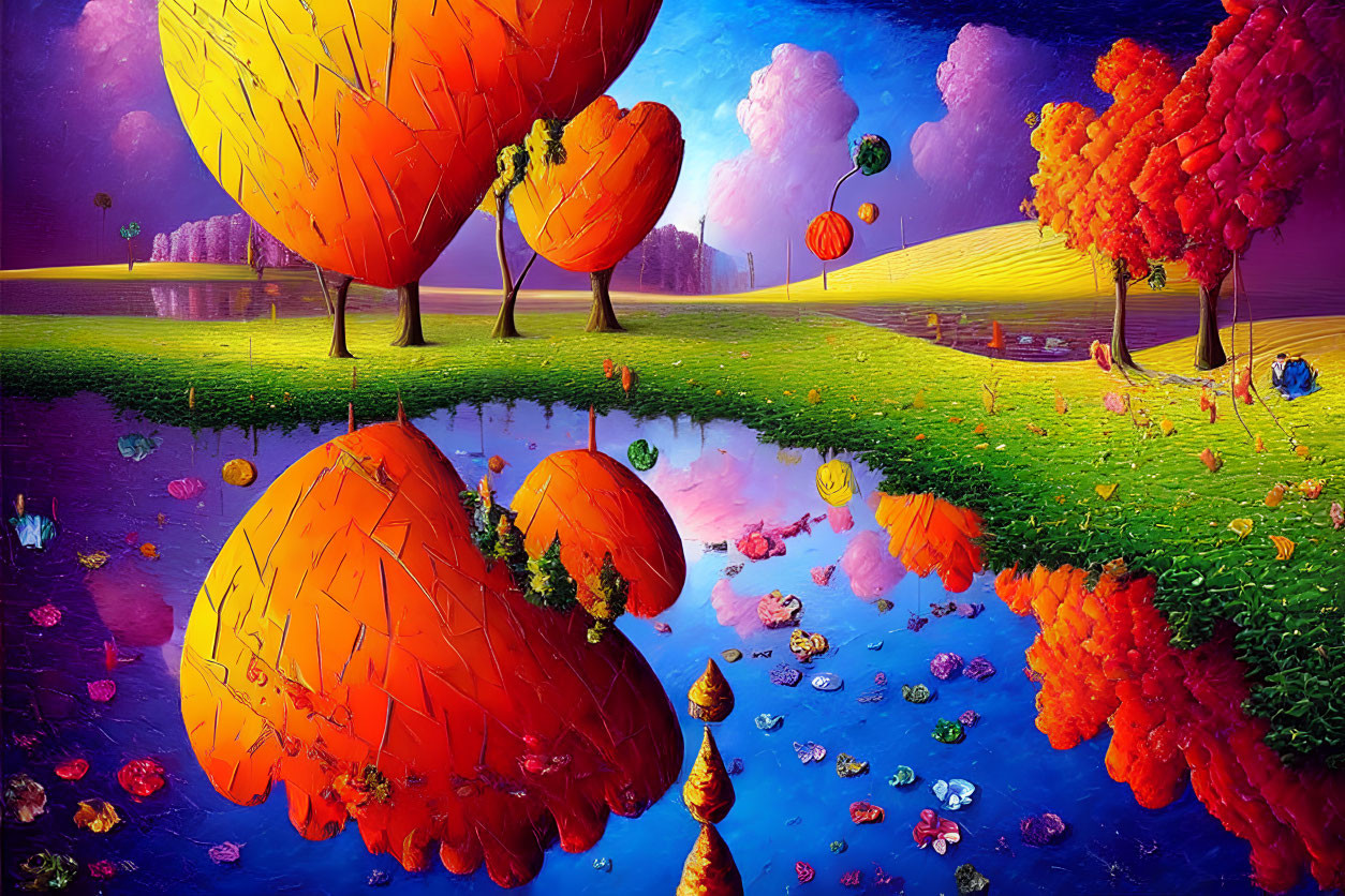 Colorful surreal landscape: vibrant trees, purple sky, whimsical clouds.