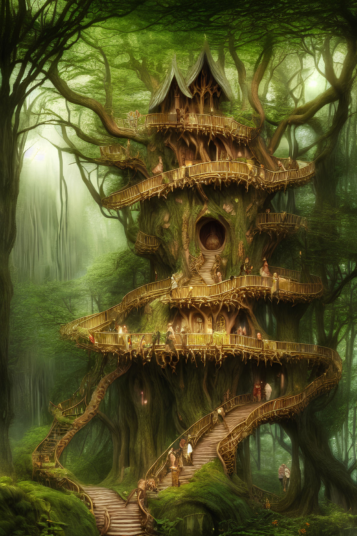 Enchanted multi-level treehouse in mystical forest