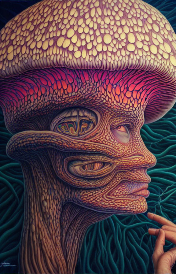 Surreal painting of human-like figure with mushroom cap head and intricate patterns