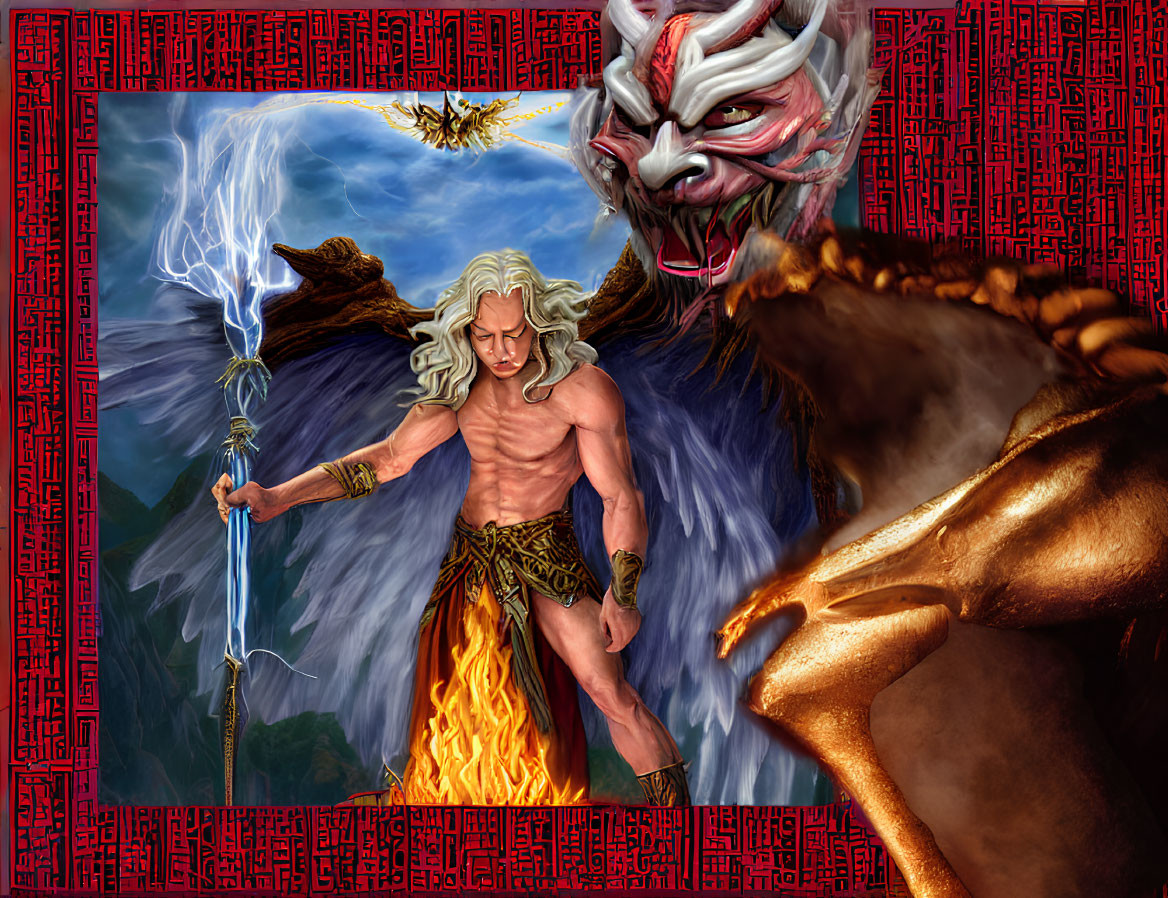 Muscular warrior with white hair wields lightning staff in fiery scene with dragon and mystical creature