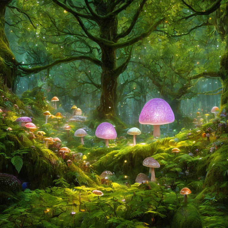 Luminescent mushrooms in enchanted forest glade
