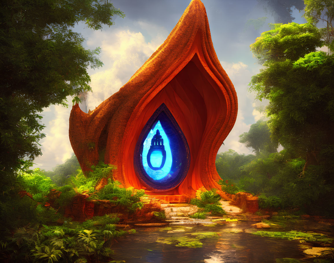 Mystical forest scene with vibrant red leaf portal and hanging lantern emblem