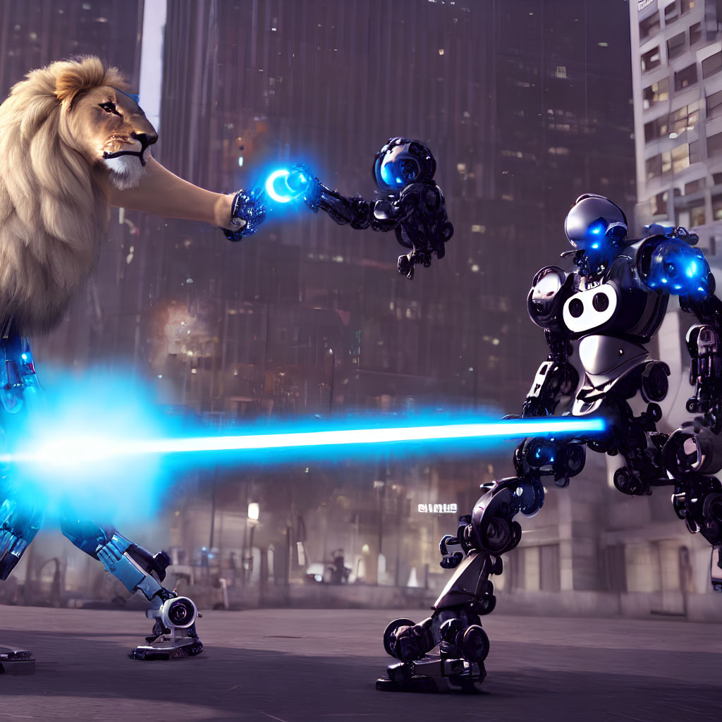 Futuristic lion humanoid faces off with robot in cityscape