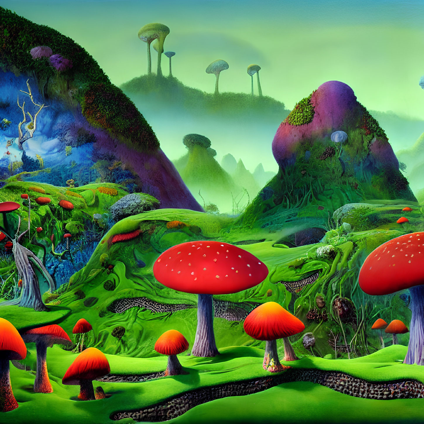 Colorful fantasy landscape with oversized red mushrooms and whimsical structures.